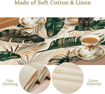 Gold Tropical Leaves Table Runner Jungle Green Plam Leaves Retro Boho Hawaii Botanical Plant Modern Geometric Seasonal Dinner Runner for Farmhouse Kitchen Dining Home Holiday Party 13x36in