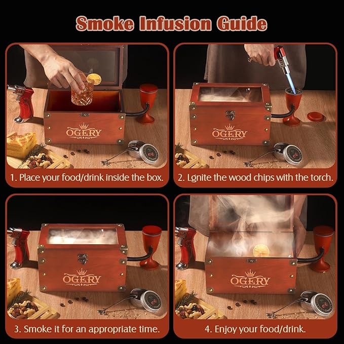 OGERY Cocktail Smoker Kit, Whiskey Smoker Kit with Smoking Gun, Old Fashioned Bourbon Smoker Box and 4 Flavors Wood Chips, Unique Anniversary Birthday Gifts for Men, Dad, Husband (No Butane)