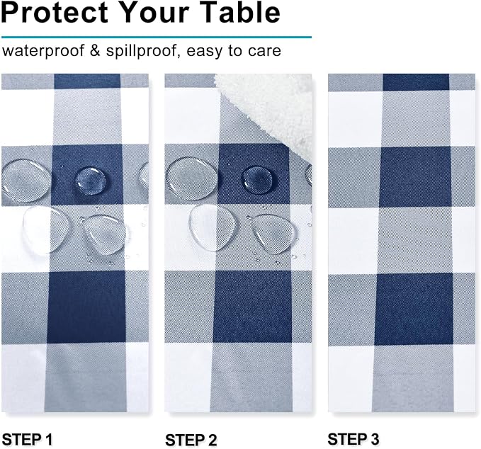 Hiasan Checkered Tablecloth Rectangle - Waterproof and Wrinkle Resistant Table Cloth for Picnic, Dinner and Party, Washable Polyester Fabric, 70 x 140 Inch, Navy Blue and White Gingham Pattern