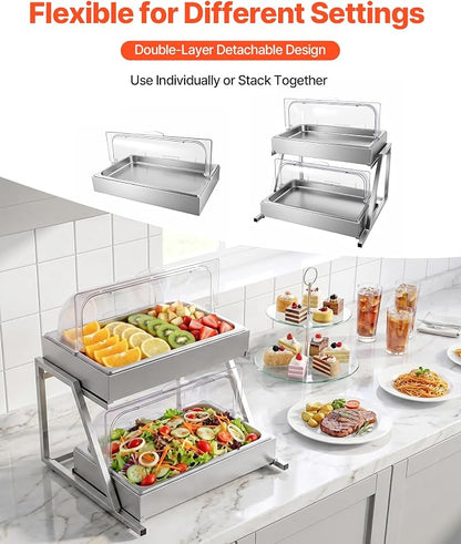 VEVOR Countertop Food Serving Display Container, 2 Tier Stainless Steel Food Salad Server Tray, Buffet Condiment Dispenser, Ice Cooled Rack with Clear Roll Top Cover, for Restaurant Hotel (1/1 Pan x2)