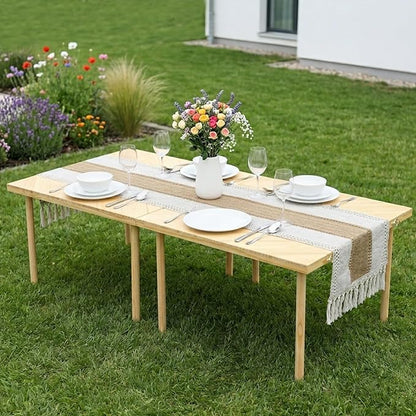 44"x30" Portable Boho Wooden Low Folding Picnic Table for Indoor Outdoor | Comes with Table Runner, Stable 8-leg Support & Thickened Structure, Thick Painted Tabletop Easy to Wipe, Fits 2-4 People