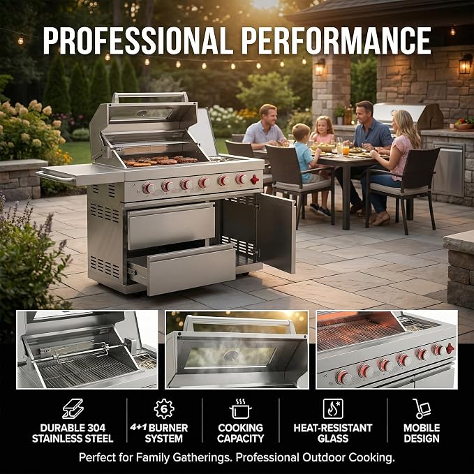 46" Outdoor BBQ Island Grill, 75,300 BTU 4 Burners + Side Burner, Infrared Rear Burner, LP/NG Convertible, Granite Top, Rotisserie, BBQ Tools, Cover Stainless Steel Outdoor Kitchen Island