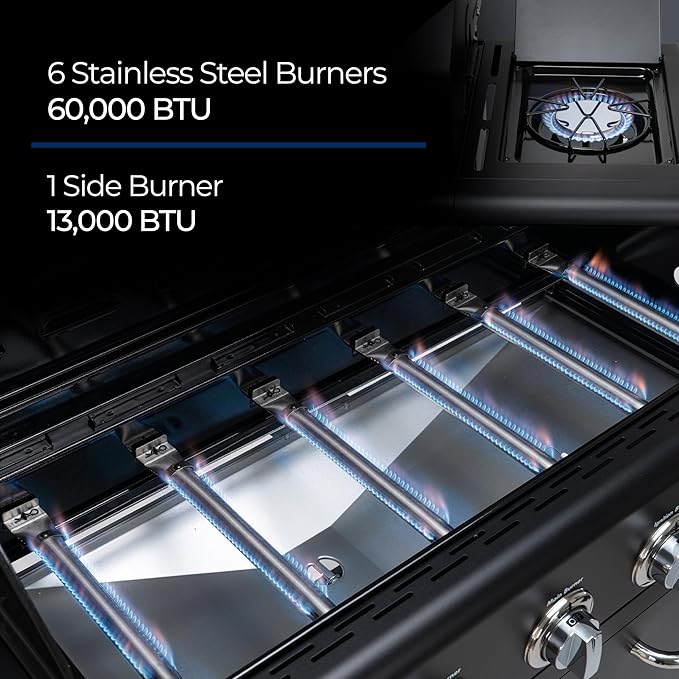 Kenmore 6-Burner Propane Gas Grill with Side Burner, 73,000 BTU Total Cooking Power, 819 Sq. In. Cooking Space, Cast Iron Grates, Warming Rack, Built-In Thermometer, For Outdoor BBQs Events, Black