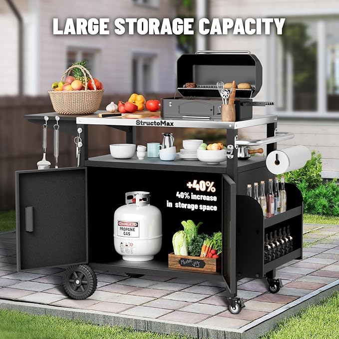 XL Outdoor Grill Cart with Cabinet, Extra-Wide Stainless Steel Table Top, Large Spice Rack & Lockable Wheels, Outdoor Kitchen Island Grill Table for BBQ, Cooking & Prep