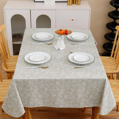 Heavy Duty Vinyl Tablecloth with Flannel Backing Waterproof Oil-Proof Plastic Table Cloth Stain-Resistant Wipeable Rectangle or Square Table Cover for Indoor and Outdoor (Beige Floral，60x102 Inch)