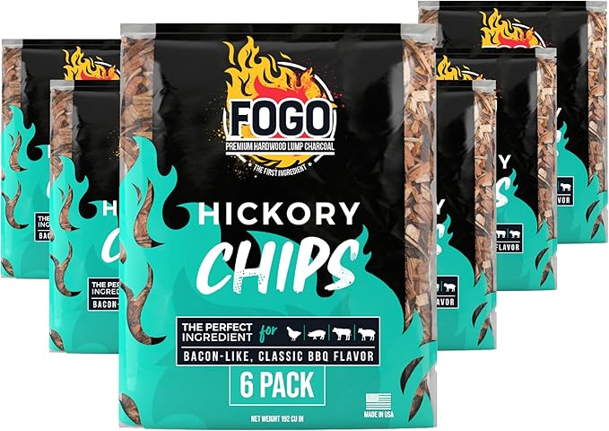 FOGO Hickory Wood Chips for Grilling and Smoking, Classic Bold BBQ Flavor for Charcoal and Gas Grills, Made in USA, 1.4 lb Bag, 6-Pack