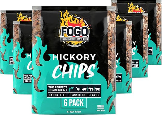 FOGO Hickory Wood Chips for Grilling and Smoking, Classic Bold BBQ Flavor for Charcoal and Gas Grills, Made in USA, 1.4 lb Bag, 6-Pack