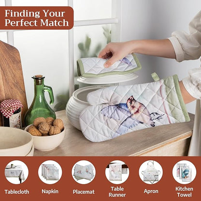 Maison d' Hermine 100% Cotton Oven Mitt & Pot Holder Set (7.5"x13" & 8"x8") Heat Resistant BBQ Cooking Gloves with Loop Baking Grilling Kitchen Hotel Home Farmhouse Spring Summer (Flying Birds)