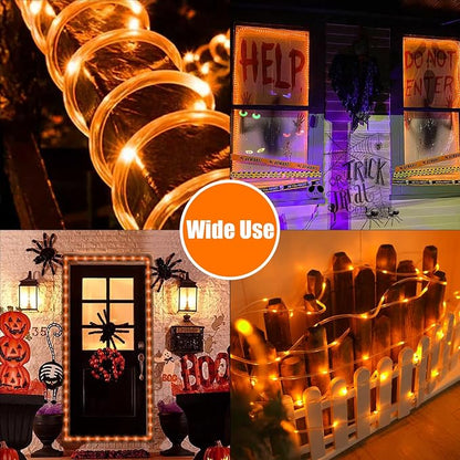 QITONG 2 Pack Solar Halloween Lights, Each 33ft 100 LED Orange String Lights, 8 Modes Fairy Lights in Clear Thin Tube for Thanksgiving Fall Decor