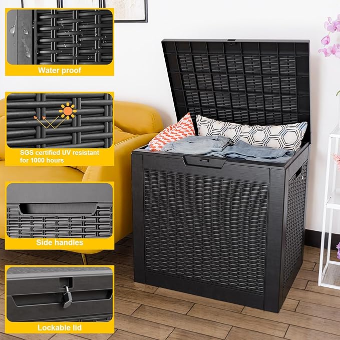 Vixzen 31 Gallon Deck Boxes Outdoor Waterproof, Resin Lockable Storage Box for Patio Cushions Storage Furniture, Garden Tools, Pool Supplies, Weatherproof and UV Resistant(Black, 31 Gallon)