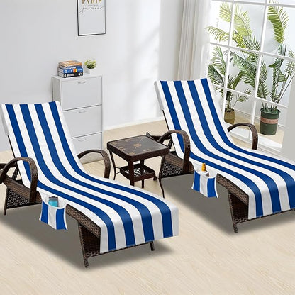 Beach Chair Cover (1Pc), Lounge Chair Covers with Side Pockets 85 x 30,Thick and Quick Dry Lounge Chair Towel Cover for Sun Lounger, Pool Beach Garden Outdoor Tanning Chair Cover, Dark Blue Stripe