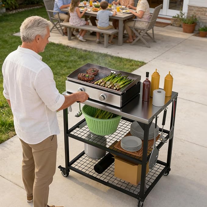 Outdoor Grill Cart Stainless Steel Pizza Oven Trolley Stand on Wheels Three-Shelf Movable Food Prep and Work Table Heavy Duty Grill Carts 31"×24"×35"