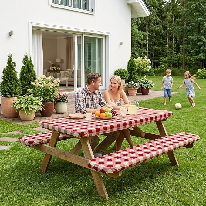 SquarePie Picnic Table Cover with Bench Covers - Waterproof Fitted Elastic Tablecloth for 6 FT Tables - Washable Polyester Camping Table Cloth for Patio RV BBQ (Burgundy Red Checkered,30"x72")