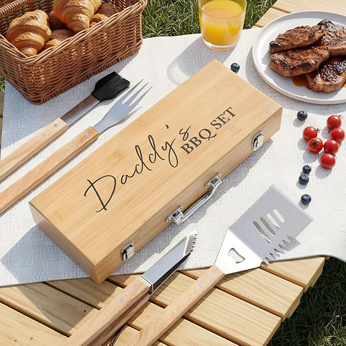 Pangda BBQ Accessories Grill Tools Set with Wooden Storage Case - 4 Pcs Grilling Accessories Gift for Dad Stainless Steel for Outdoor with Tongs Spatula Fork and Basting Brush Grilling Gifts