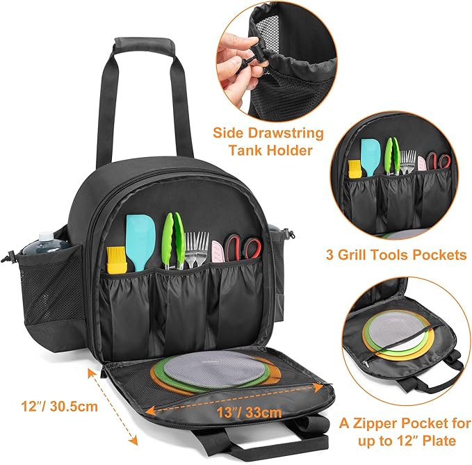 GRAOSO Camping Grill Bag Compatible with Coleman Fold N Go Grill & Stove, Portable Gas Stove Carrying Case with 2 Side Pockets for 1lb Propane Cylinders, and Tools Pockets, Black