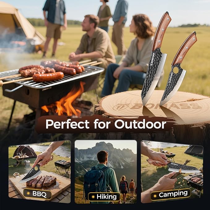 3PCS Hand Forged Japanese Chef Knife Set for Cooking, Kitchen Knife for Meat Cutting, High Carbon Steel Sharp Boning Knife, Chefs Knife, Honing Rod for Camping, BBQ, Outdoor Gift for Men