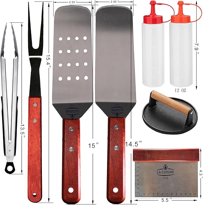 La Cuisine 8 Piece Flat Top Griddle BBQ Accessories Kit with Solid & Perforated Spatulas, Fork, Tong, Cast Iron Meat Press & Squeeze Bottles for Hibachi & Teppanyaki Cooking