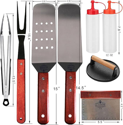 La Cuisine 8 Piece Flat Top Griddle BBQ Accessories Kit with Solid & Perforated Spatulas, Fork, Tong, Cast Iron Meat Press & Squeeze Bottles for Hibachi & Teppanyaki Cooking