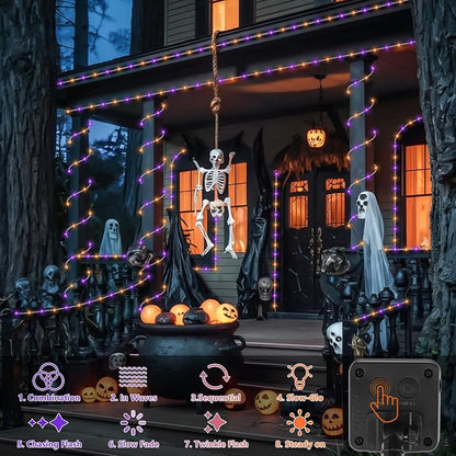 QITONG 2 Pack Solar Halloween Lights, Each 33ft 100 LED Orange and Purple String Lights, 8 Modes Clear PVC Tube Light Outdoor Waterproof