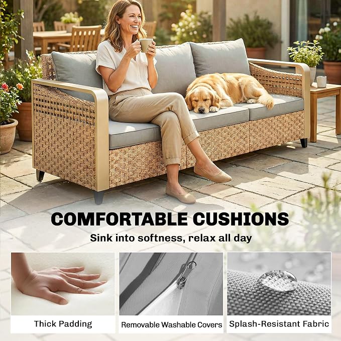 Outsunny Outdoor Patio Couch with Wide and Deep Seat, 3 Seater Wicker Outdoor Sofa with Wide Metal Armrests, Patio Furniture Couch with Cushions for Porch, Garden, Backyard, Gray | Removable Covers