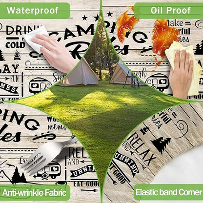 JAWO Camping Rules Wooden Plank Picnic Table Cover with Bench Covers, Camper RV Essentials Gear Supplies Outdoor Waterproof Windproof Tablecloth with Elastic, 30x72 Inch