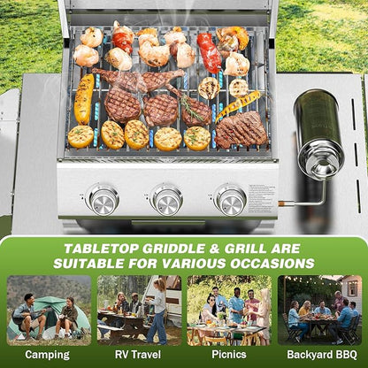 COWSAR Portable 3-Burner Table Top Gas Grill with Griddle, Stainless Steel BBQ Propane Grill, Flat Top Grill with Lid for Outdoor Cooking Camping or Tailgating, 24,000 BTU