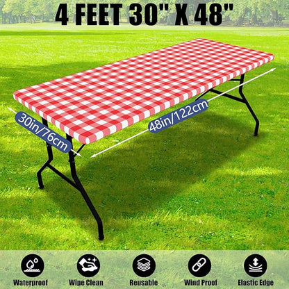 Smiry Picnic Table Cloth 2 Pack, Waterproof Elastic Fitted Tablecloths for 4FT Rectangle Tables, Washable Polyester Buffalo Plaid Tablecloth for Camping, Dining & Christmas(Red & White, 30" x 48")