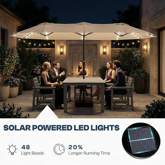 15FT Large Outdoor Patio Umbrella with Solar Lights and Base, Double-Sided Table Umbrellas with 48 LED Lights, Rectangle Market Umbrella for Pool, Deck, Backyard