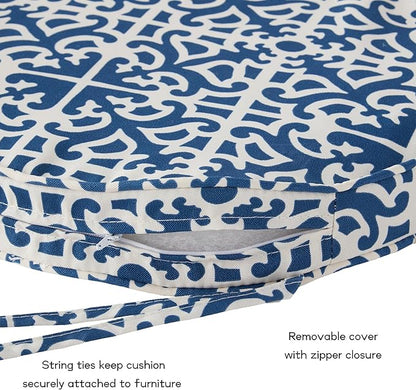 Set of 2 Outdoor 18 inch Round Patio Dining Chair Pads – Comfortable Fiber-Filled Seat Cushions with Ties, Reversible Polyester Fabric - Indigo Blue Lattice