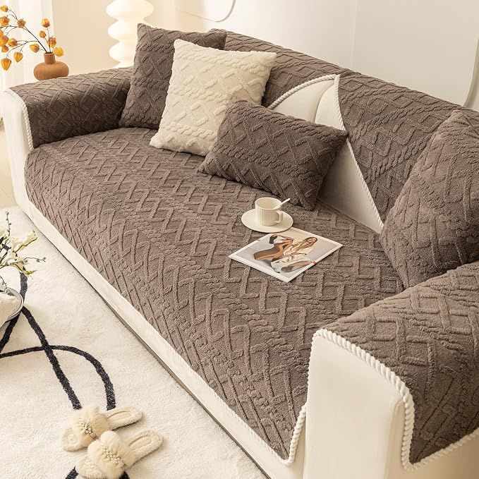 vctops Geometric Jacquard Plush Sofa Couch Covers Farmhouse Neutral Non Slip Sectional Couch Cover Soft Warm Sofa Slipcover for Dogs, Children, Pets Furniture Protector (Brown,36"x63")