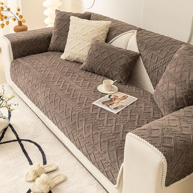 vctops Geometric Jacquard Plush Sofa Couch Covers Farmhouse Neutral Non Slip Sectional Couch Cover Soft Warm Sofa Slipcover for Dogs, Children, Pets Furniture Protector (Brown,36"x36")