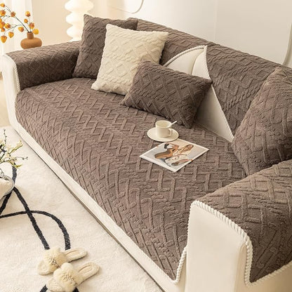 vctops Geometric Jacquard Plush Sofa Couch Covers Farmhouse Neutral Non Slip Sectional Couch Cover Soft Warm Sofa Slipcover for Dogs, Children, Pets Furniture Protector (Brown,36"x70")
