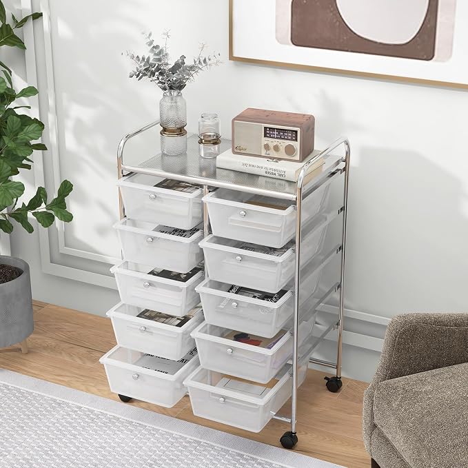 HOMGX Rolling Cart with 10 Drawers, 10 Tiers Multicolor Trolley, Drawer Bin Carts with 2 Lockable Wheels, Adjustable File & Debris Organizer Cart, Rolling Storage Cart for Office, School, Home