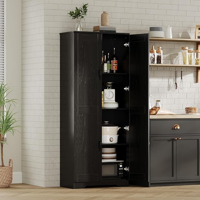 IDEALHOUSE 60" Tall Pantry Cabinet | Kitchen Storage Cabinet with 2 Doors & Adjustable Shelves, Wooden Cupboard for Bathroom，Dining Room, Living Room, Black