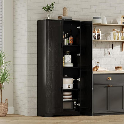 IDEALHOUSE 60" Tall Pantry Cabinet | Kitchen Storage Cabinet with 2 Doors & Adjustable Shelves, Wooden Cupboard for Bathroom，Dining Room, Living Room, Black