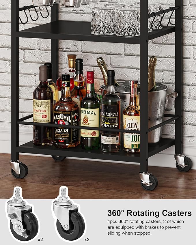 TUTOTAK Bar Cart with Wheels, Mini Drink Cart with Wine Rack & Glass Holder | 3-Tier 17 Inch Wide Home Bar Serving Carts, Small Mobile Kitchen Shelf with 6 Hooks, Black BC01BK036