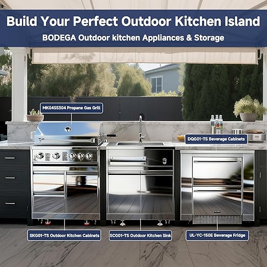 BODEGA Stainless Steel Commercial Kitchen Sinks Cabinet and Outdoor Kitchen Cabinet for Refrigerator Combo, 30 Inch Propane Gas Grill With Rotisserie Chicken Fork Kit & Spice-Rack,For Home,kitchen,RV.