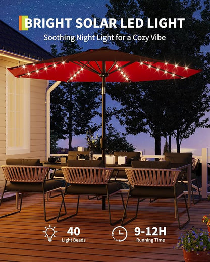 GarveeLife 10 ft Patio Umbrella with Solar Lights, 8 Ribs Outdoor Market Table Umbrella with 40 LED Lights & Tilt Crank for Pool, Deck, Backyard (Red)