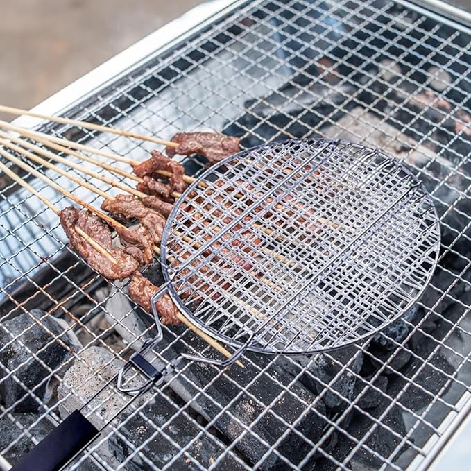 Round Grill Basket, Folding Stainless Steel Barbecue Nets Grilling Accessories, Metal Fish Clips with Removable Handle, Non-stick Clamp Grilled BBQ Supply, Outdoor Vegetable Grilling Rack