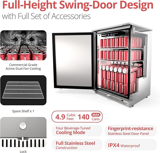 24 Inch Outdoor Beverage Refrigerator, 140 Can Built-In Beverage Fridge with 21-Inch Shallow Depth, 26°F Sub-Zero Fridge, Dual-Fan Cooling, Full SUS304 for Patio & Outdoor Kitchen
