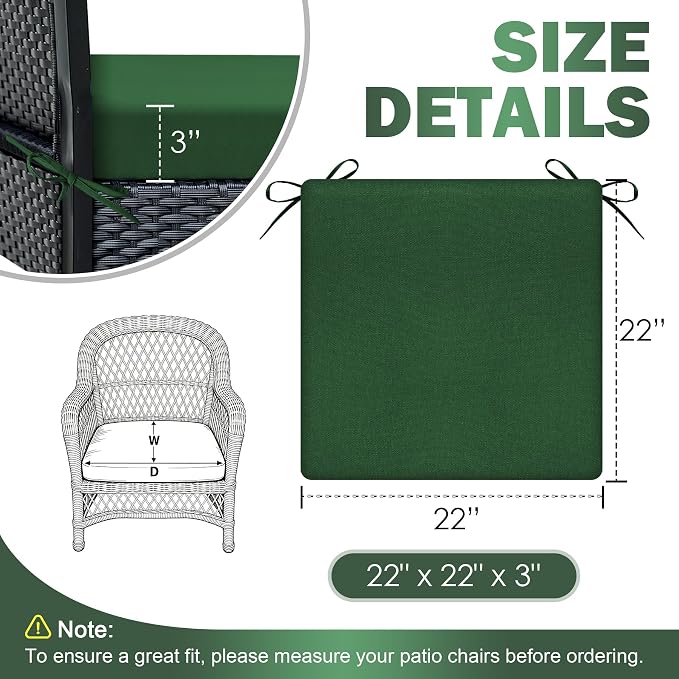 Outdoor Chair Cushions Set of 2, 22x22x3Inch Waterproof & Fade Resistant Patio Furniture Seat Cushions with Ties, Square Outdoor Dining Chair Cushions for Lawn, Garden, Deck&Yard, Forest Green