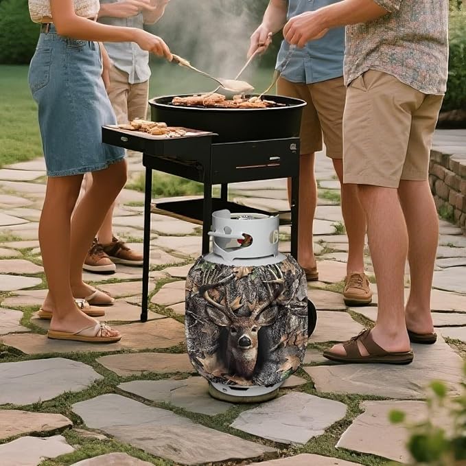 Propane Tank Covers 20lb Camo Deer Outdoor Heavy Duty Windproof Gas Tank Cylinder Cover with Elastic Brand Dress up Your Gas Grill, Fits Standard 20lb Cylinder
