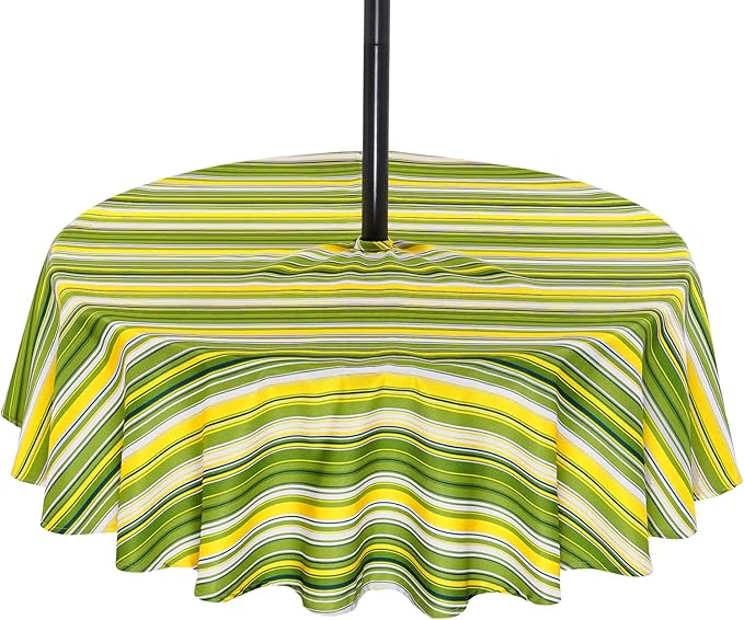 Poise3EHome 60 Inches Round Outdoor Tablecloth with Umbrella Hole and Zipper,Spillproof Patio Table Cloth for Camping Picnic Party Garden Table, Green Striped