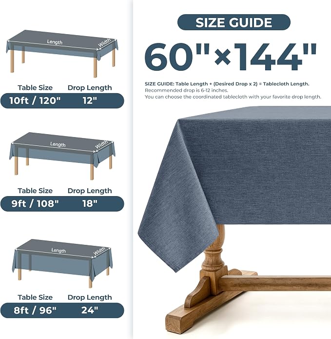 Decorelia Faux Linen Farmhouse Table Cloth 60"x144" for 10 ft Rectangle Table, Denim Blue Waterproof Outdoor Washable Tablecloth for Rectangular Dining Room Kitchen Outdoor Party Restaurant Table
