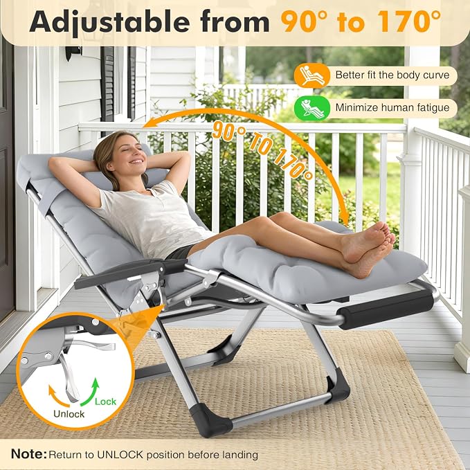 Slendor Oversized Zero Gravity Chairs XL,29in Padded Reclining Chair, Black | Recliner Lounge Chair, Folding Anti Gravity Chairs w/Aluminum Alloy Lock, Headrest, Cup Holder, Support 440lbs,for Lawn Patio