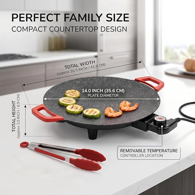 Electric Indoor Grill Nonstick, 14” Round Electric Griddle with Adjustable Temperature Control,for Pan Searing Steaks, Breakfast, BBQ & Family Meals, Bonus Spatula,Oil Brush & Food Tongs