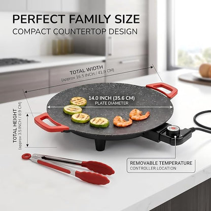 Electric Indoor Grill Nonstick, 14” Round Electric Griddle with Adjustable Temperature Control,for Pan Searing Steaks, Breakfast, BBQ & Family Meals, Bonus Spatula,Oil Brush & Food Tongs