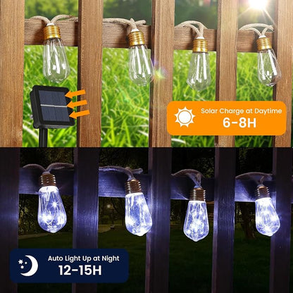 Solar Outdoor String Lights 2 Pack 24FT Vintage Rope Hemp Solar Lights with 20 Shatterproof Bulbs,8 Modes Solar Powered String Lights with Memory Function, Waterproof for Fence,Balcony,Garden(White)