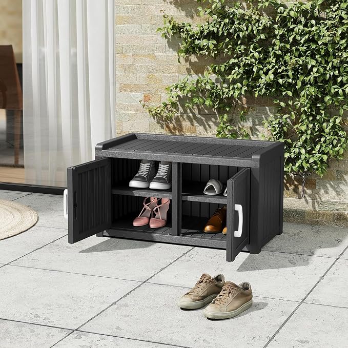 Outdoor Shoe Storage Bench with 2 Doors, Waterproof UV-Resistant Resin Cabinet, Entryway Organizer for Porch, Hallway, Black