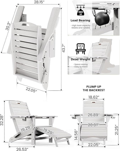 Ciokea Folding Adirondack Chair Set of 2 with Retractable Ottoman Fire Pit Patio Chair with Pull Out Foot Rest Weather Resistant Lawn Outdoor Chair with 2 Cup Holder (White)
